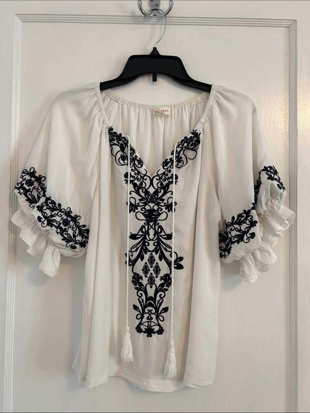 Solitaire White Peasant Blouse with Black Embroidery